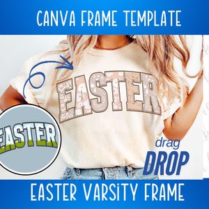 Puede incluir: Una plantilla de diseño digital para una camiseta con la palabra "Easter" en una fuente de estilo universitario. El diseño está en colores pastel e incluye gráficos de conejos y huevos. El texto "drag drop" también está incluido en la plantilla.