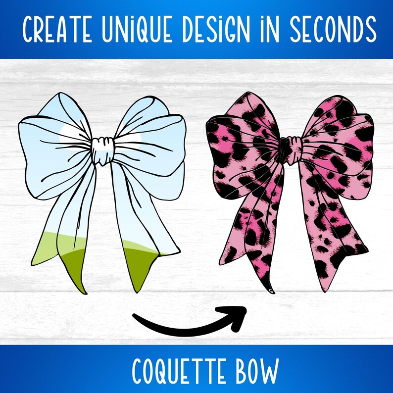 May include: Two different styles of bows. The first bow is light blue with a green and white pattern. The second bow is pink with a black leopard print. The text "Coquette Bow" is below the bows.