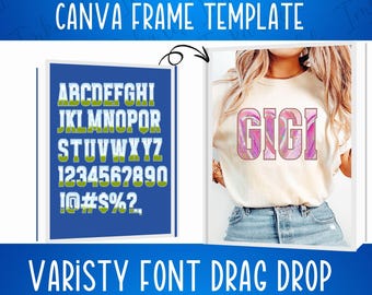 Alfabeto universitário emoldurado no Canva com letras e números, modelo editável com recurso "arrastar e soltar", fonte alta para faculdade, molduras para impressão sob demanda, fotos e design para empresas.