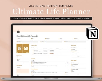 Puede incluir: Una pantalla de computadora portátil que muestra una plantilla de Notion llamada "[Planly] Ultimate Life Planner 2.0". La plantilla está dividida en secciones para tareas diarias, objetivos, gratitud, afirmaciones diarias, seguimiento de hábitos y notificaciones. El logotipo de Notion es visible en la esquina superior derecha de la pantalla.