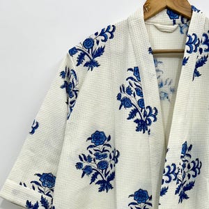 Waffle Weave Cotton Bathrobe: Block Printed Floral Robe