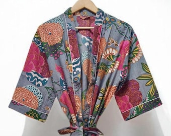 Floral Block Print Cotton Kimono Robe: Bridesmaid Dressing Gown