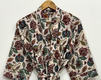 Floral Block Print Cotton Kimono Robe: Lightweight Boho Loungewear
