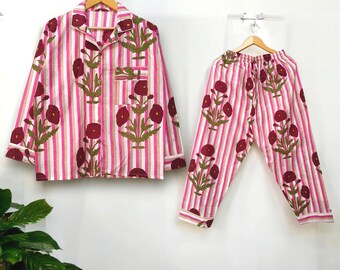 Floral Print Cotton Pajama Set: Pink Stripe Nightwear