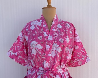 Handblock bedruckte rosa Baumwolle Kimono Robe | Blumen Loungewear