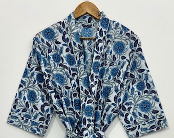 Hand Block Printed Cotton Kimono Robe: Blue Floral Lightweight Loungewear