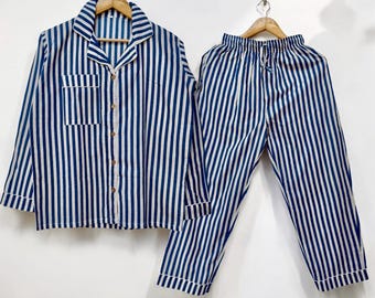 Handmade Blue Striped Cotton Pajama Set: Long Sleeve V-Neck PJs