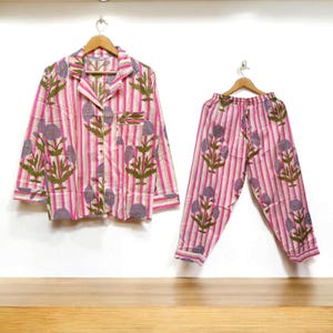 Floral Cotton Pajama Set: Pink Stripe Long Sleeve Nightwear