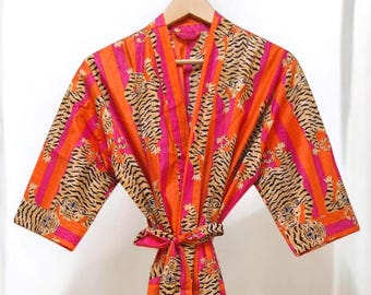 Handmade Tiger Print Cotton Kimono Robe - Orange Lightweight Dressing Gown