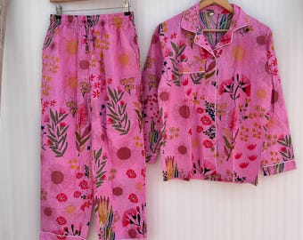 Handblock Floral Cotton Pajama Set, Boho Loungewear