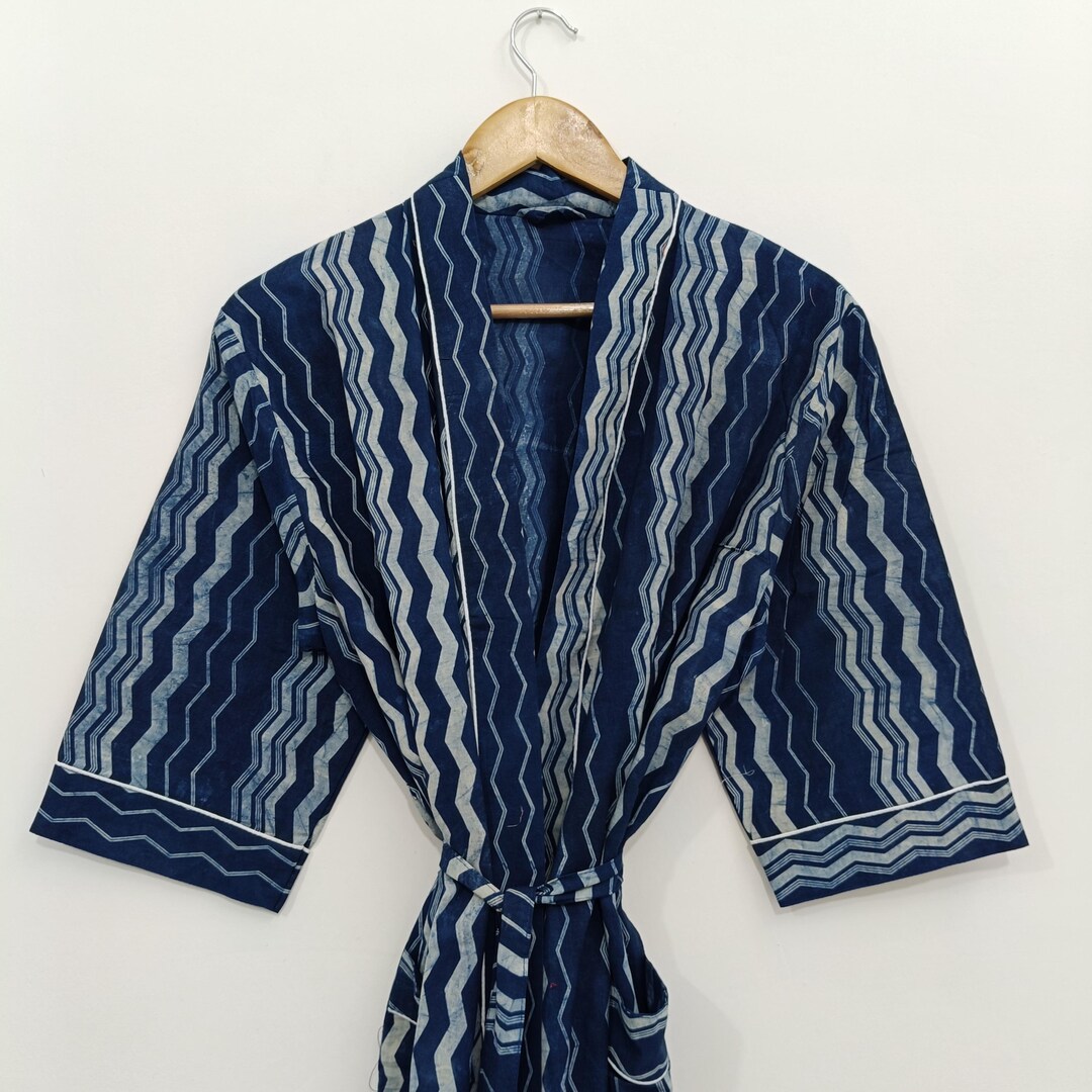 Indigo Robe Handmade Cotton Kimono Robe: Lightweight Indigo Print Dressing Gown - Etsy