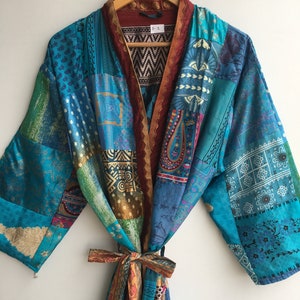 Indian Handmade Silk Patchwork Kimono, Bridesmaid Silk Kimono, Women Bathrobe, Bohemain Kimono, Night Kimono, Summer Robe, Loung Maxi Robe