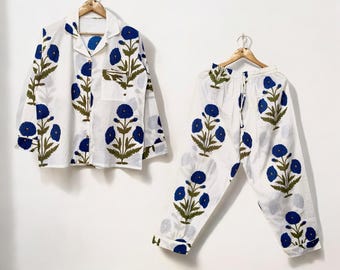Hand Block Print Pajamas: Floral Indian Cotton PJs Set