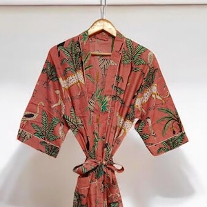 Handmade Cotton Kimono Robe: Animal Print Maxi Dressing Gown