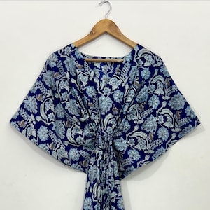 Blue Floral Cotton Kaftan: Handblock Print Boho Loungewear
