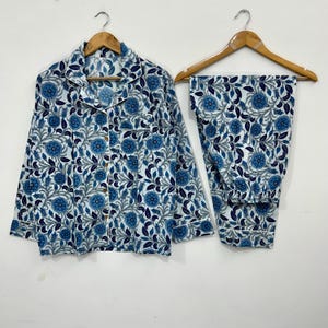 Blue Floral Cotton Pajama Set: Hand Block Print Women&#39;s Loungewear