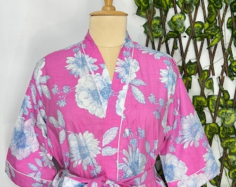 Handgefertigter rosafarbener Kimono-Bademantel aus Baumwolle - weicher, leichter Bademantel | Geschenk für Sie