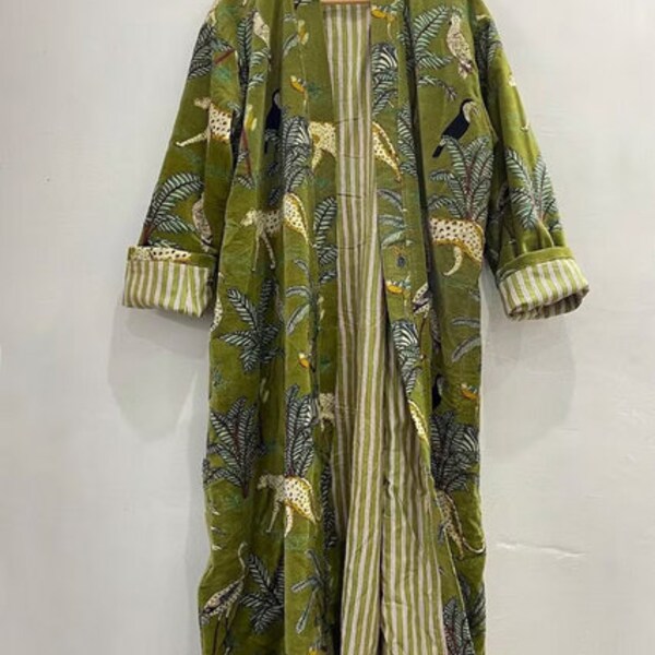 Robes kimono en velours à imprimé jungle verte, manteau en velours Morning Tea, robe de demoiselle d'honneur, robe en velours de coton pour femmes, veste en velours, robe de mariée