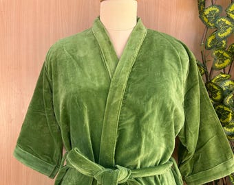 Handmade Green Cotton Velvet Kimono Robe, Plush Loungewear