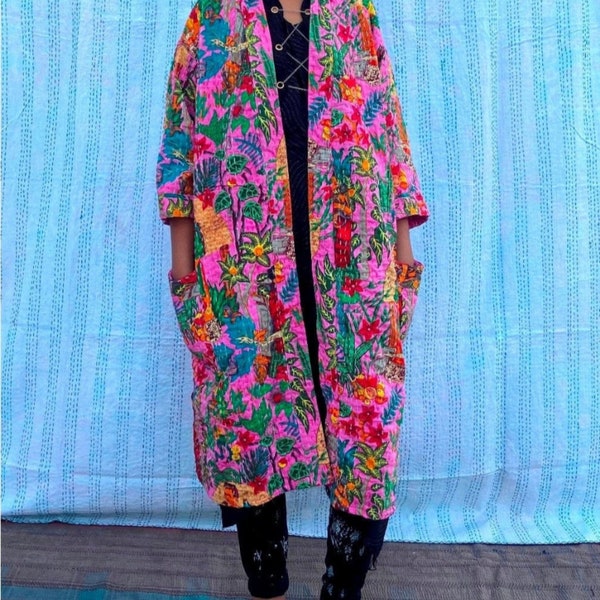 Frida kahlo veste kantha indienne faite main style kimono japonais robe kantha veste d'hiver couleur rose cravate ceinture manteau unisexe