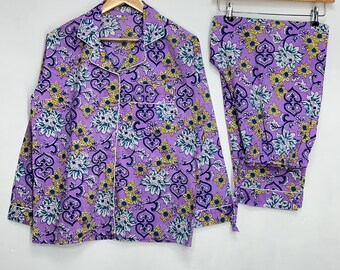 Handgjort lila blommigt bomullspyjamasset för kvinnor – Sommarnattkläder och loungekläder