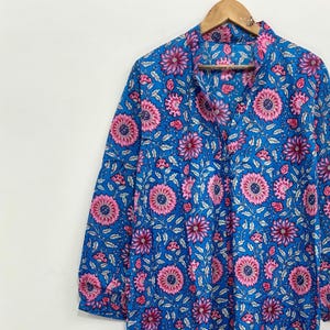Boho Blue Floral Cotton Kaftan Dress: Hand Block Print Loungewear