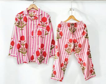 Floral Print Cotton Pajama Set: Pink Stripe Nightwear