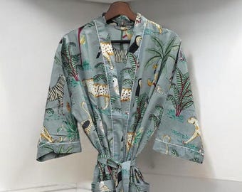 Animal Print Cotton Kimono Robe: Grey Handmade Maxi Dress