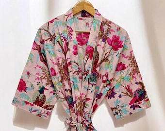 Handmade Pink Floral Cotton Kimono Robe: Boho Lounge Wear