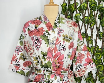 Rosa Kimono Robe aus Baumwolle mit Blumenmuster | Hand Block Print Loungewear