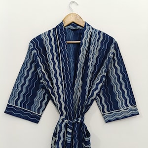 Cotton Kimono Robe Blue Indigo Print Cotton Kimono Handblock Robe Unique Strap Robe Traditional Cotton Kimono Women Clothes Anniversary Gift