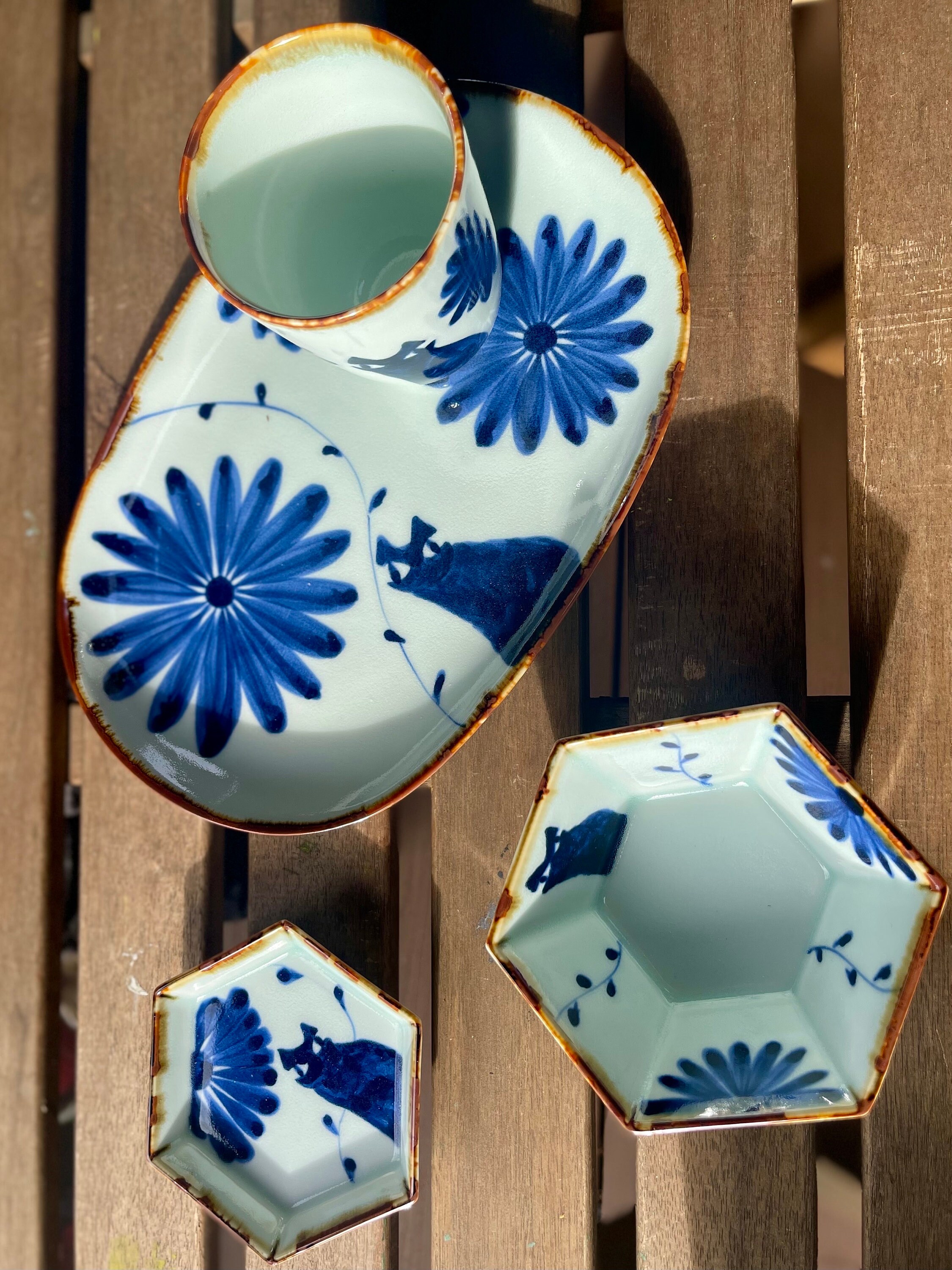 Japanese Hand Painted Ceramic Hexagonal Small Bowl, Blue Cat Bowl