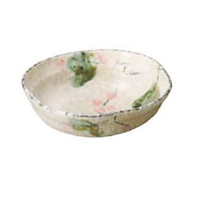 May include: A small, white ceramic bowl with a floral design. The bowl has a slightly scalloped rim and features green leaves and pink flowers.