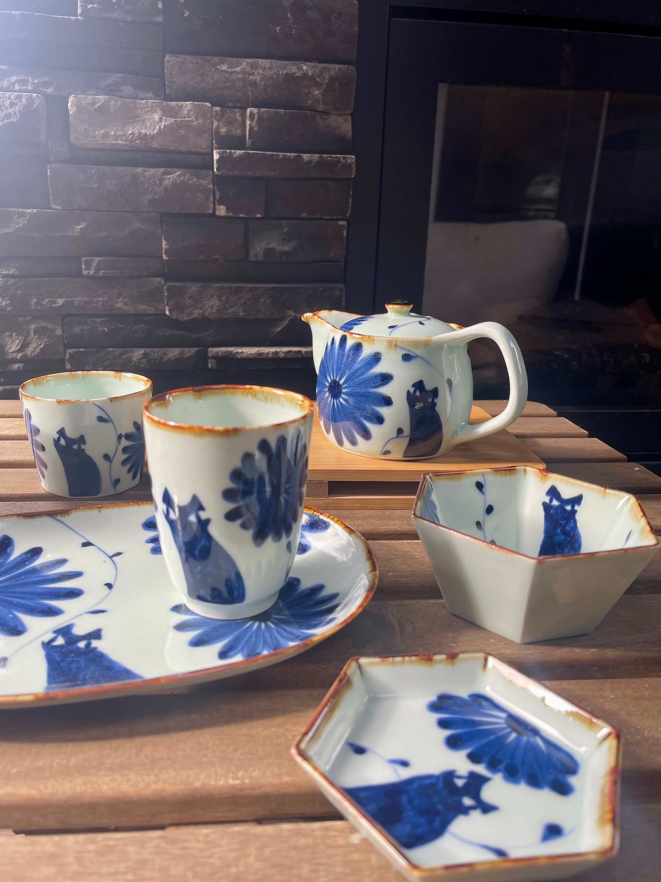 Japanese Hand Painted Ceramic Hexagonal Small Bowl, Blue Cat Bowl