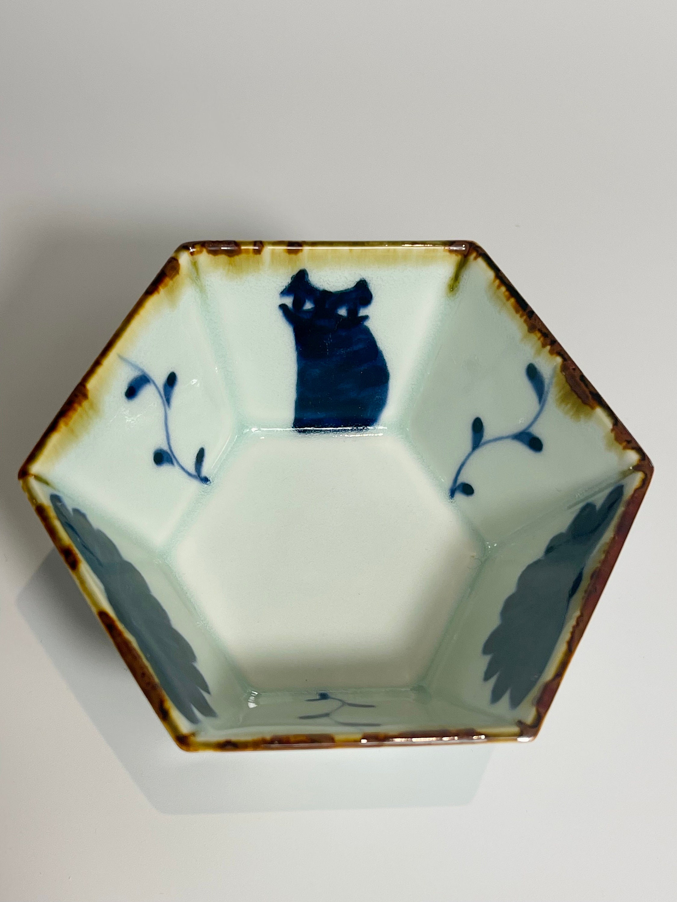Japanese Hand Painted Ceramic Hexagonal Small Bowl, Blue Cat Bowl