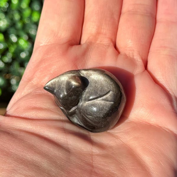 Natural Polished Silver Sheen Obsidian Carved Sleeping Cat Kitten
