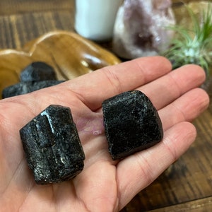 May include: Two black tourmaline crystals, one with a smooth surface and the other with a faceted surface, are held in a hand.