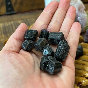 May include: A hand holding a collection of black tourmaline crystals. The crystals are various shapes and sizes, with some being more pointed than others.