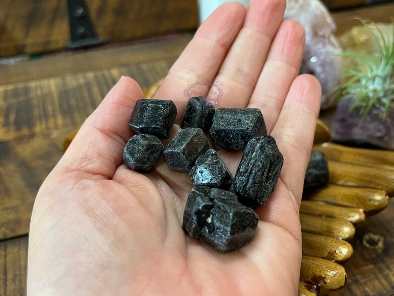 May include: A hand holding a collection of black tourmaline crystals. The crystals are various shapes and sizes, with some being more pointed than others.