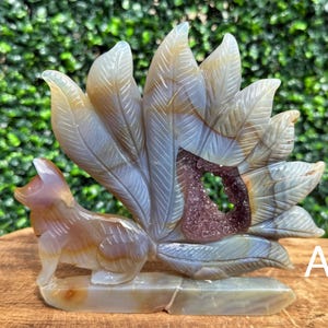 Large Natural Polished Druzy Agate Carved 9 Tailed Fox with 2 Options to Choose From