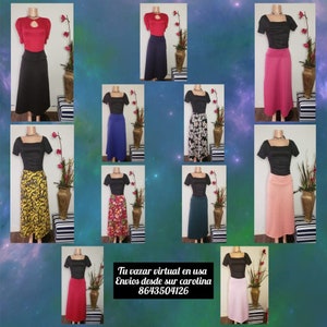 May include: A collection of women's outfits displayed on mannequins. Each outfit includes a top and a skirt in various colors and patterns, including red, black, blue, pink, floral, and yellow. The image also contains text in Spanish.