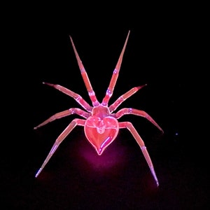 May include: A pink glass spider with a heart-shaped body. The spider is illuminated from below, casting a pink glow.