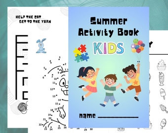 Pode incluir: Um livro de atividades de verão colorido para crianças com uma capa azul e o título "Summer Activity Book Kids". A capa apresenta ilustrações de crianças brincando e uma peça de quebra-cabeça.