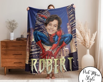 Aangepaste deken Spider Boy, gepersonaliseerde Spider Hero-deken met foto en naam van het kind, aangepaste superheldenontwerpdeken, kerstverjaardag