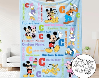 Manta personalizada con nombre de Mickey y sus amigos, regalo de dibujos animados para niños y niñas, manta personalizada con nombre de Mickey Mouse, manta de guardería de Mickey