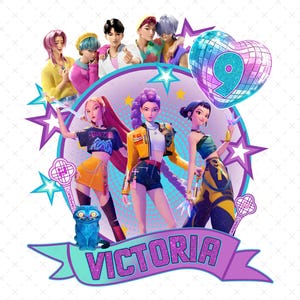 Puede incluir: Ilustración digital con personajes estilizados. La imagen incluye la palabra «VICTORIA» en una pancarta, una bola de discoteca en forma de corazón con el número «9» y acentos de estrellas. Los personajes están en varios atuendos y poses.