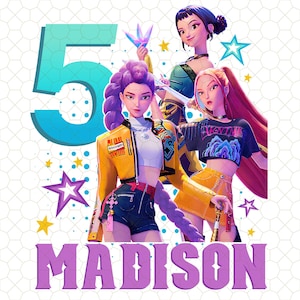 May include: Digital artwork showing three stylized female figures with colourful hair and outfits. A turquoise number "5" and the name "MADISON" in purple are prominent. Yellow and purple stars decorate the design, possibly for a birthday.