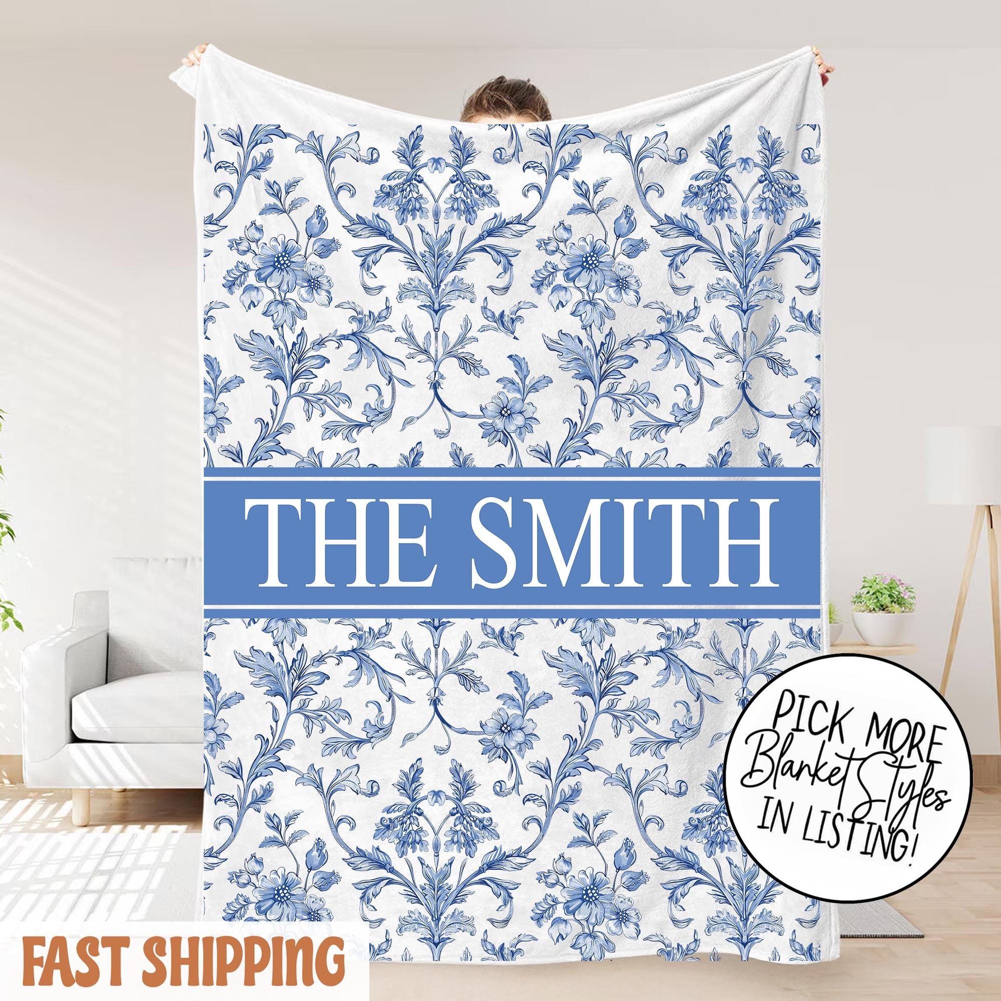 Discover Personalized Toile Monogram Blanket, Baby Girl Custom Adult Blanket French Toile De Jouy Chinoiserie Name Blanket Blue Floral Gift