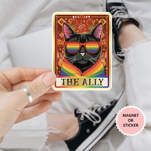 Sticker/aimant de voiture l'allié chat noir LGBTQ, sticker vinyle Queer Pride, art allié sorcière, chat mystique LGBTQ+, autocollant inclusivité
