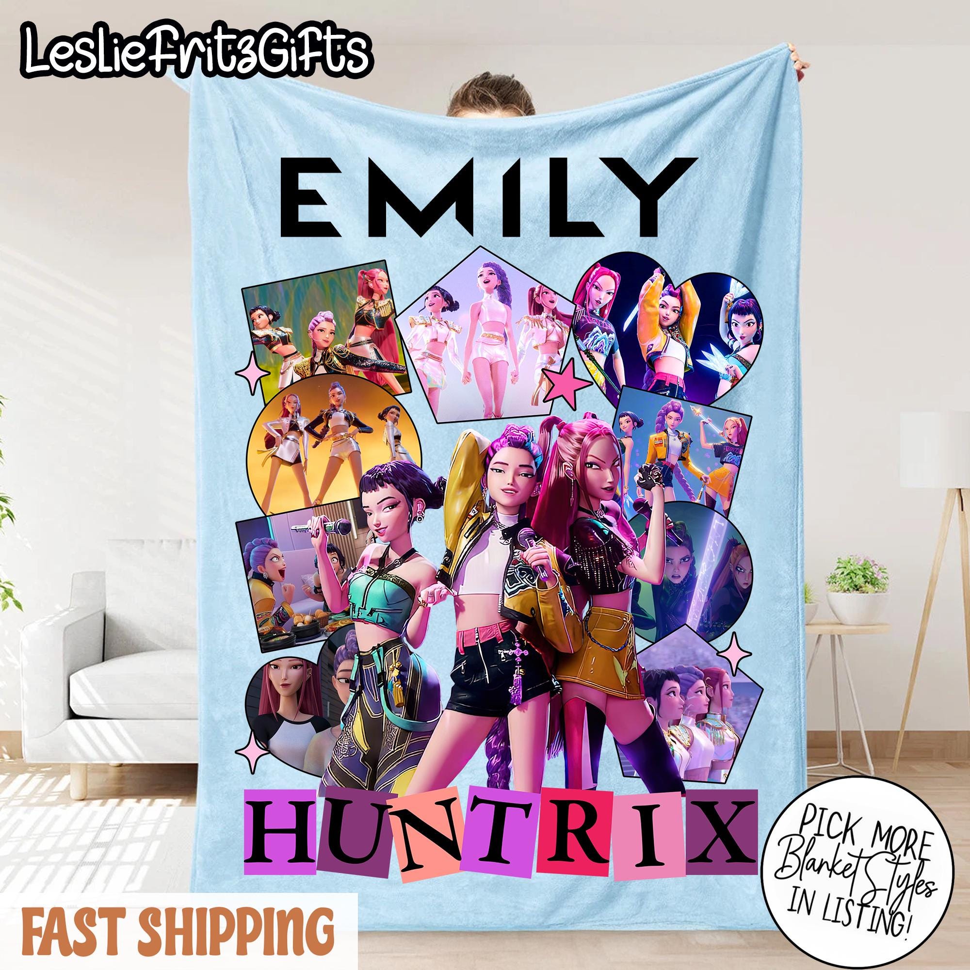 Discover Personalized Huntrix Girls Blanket, Custom Name K-Pop Demon Hunter Blanket, Huntrix Kpop Demon Blanket